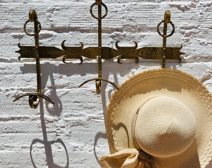 Antique Gold Wrought Iron Coat Hanger Hat Hook Rack French Spanish Country Farm, Perchero