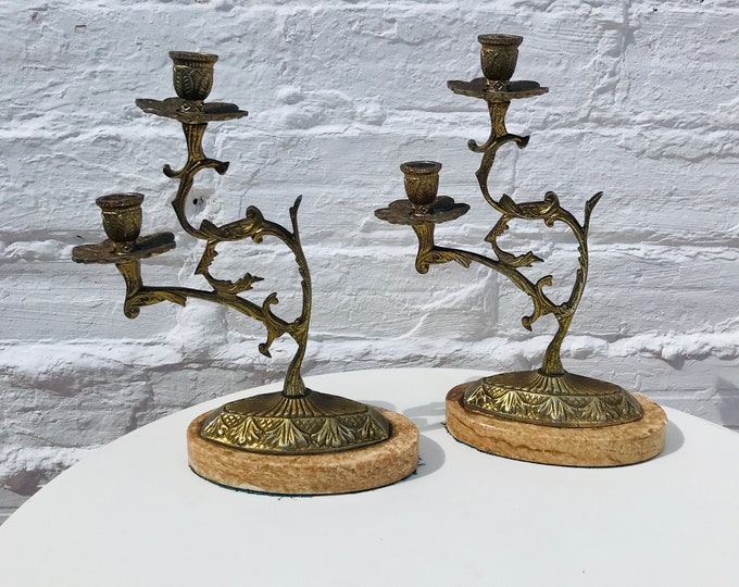 PAIR Antique Bronze Marble Candle Stick Holder Candelabra French Mantel Mantle Spanish