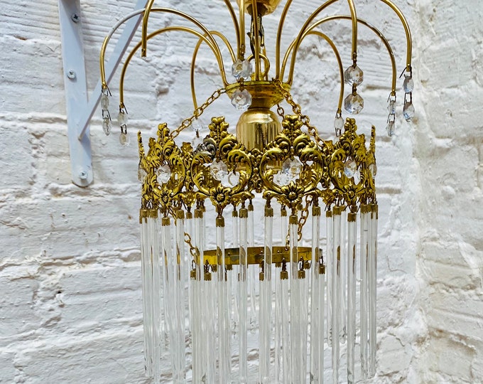 Petite Antique French Chandelier, Glass Prism, Tiered, Brass, Pendant Light, Suitable for USA & EU
