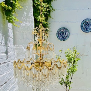 28 x 16&quot; Antique Tiered Chandelier, Glass Prism Waterfall, Art Deco, French, Wedding Cake, 3 Lights Fixture, Nouveau, Suitable for USA & EU