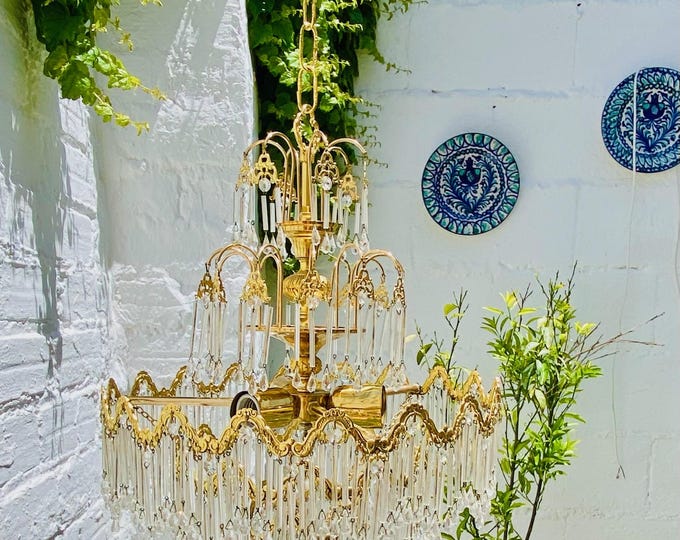 Antique Tiered Chandelier: Glass Prism Waterfall, Art Deco Lighting