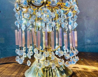 Vintage Boudoir Accent Table Lamp, Gold, Brass, Chandelier, Pink, Crystal, Light, French, Romantic, Hollywood