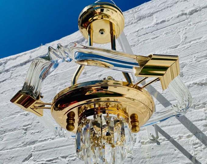 Antique Mid Century CHANDELIER Murano Glass Brass Sciolari Lightolier Style, 16" x 14.5"