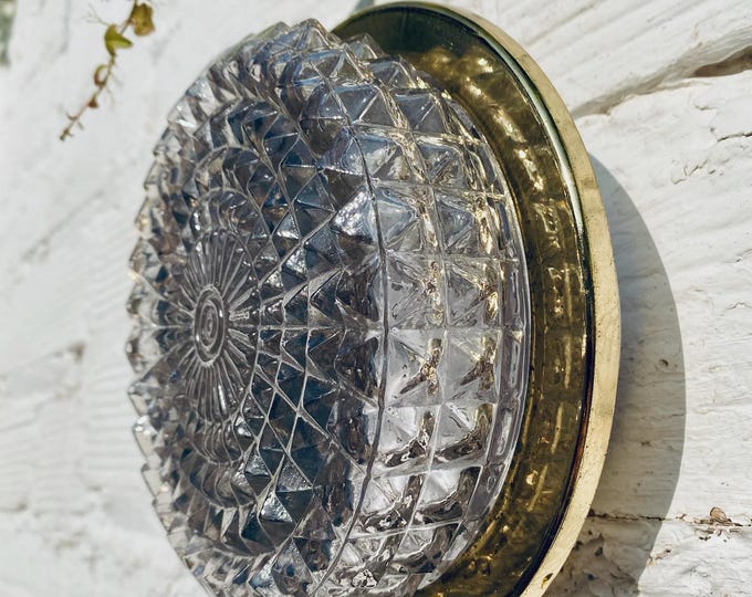 Antique Brass & Glass Flush Mount Light - Mid Century Sconce (7 inches)