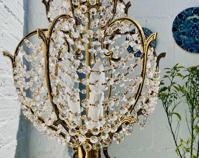 29" L Antique French Chandelier, Caged, Bird Cage, Crystal, Bronze, Brass, Antique