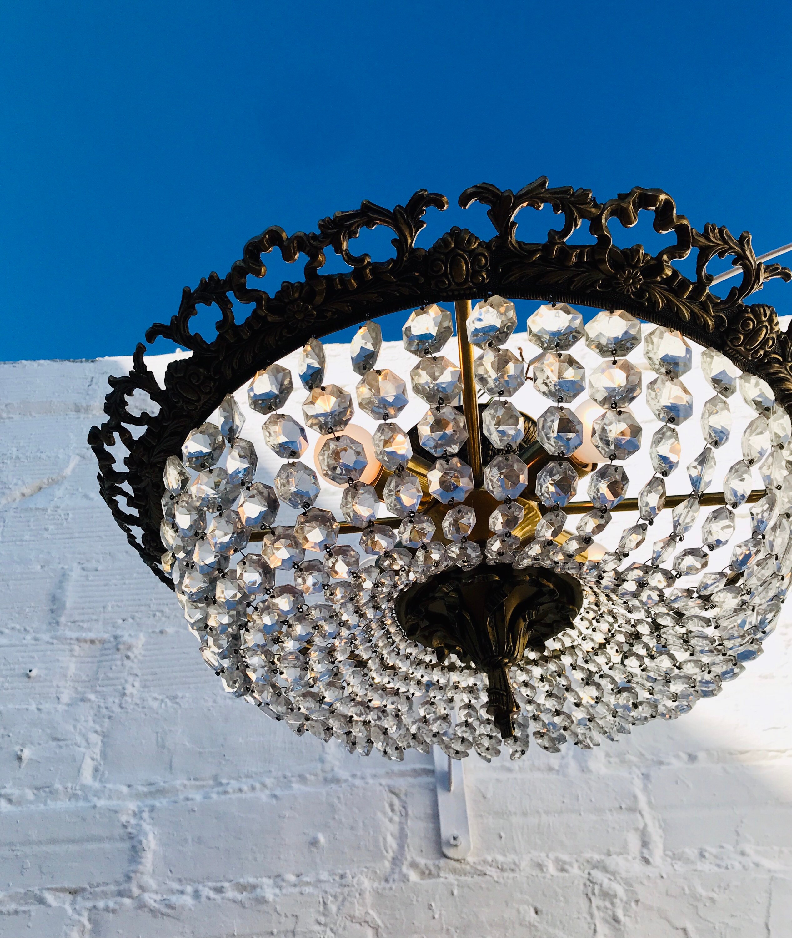 22 Large Antique Bronze Bowl Chandelier, Graduated Crystals, Semi Flush