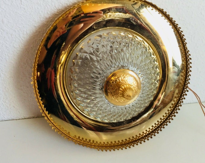 11" Vintage Brass & Crystal Flush Mount Ceiling Light Fixture 2 Lights