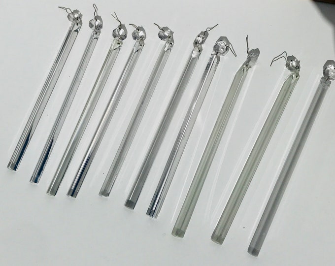 10 Long Clear Glass Chandelier Prisms ANTIQUE 8.5 in Stringers Beads Triangular
