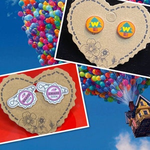 May include: A collage of themed jewelry and imagery. Includes round orange earrings with a blue and yellow design, two Grape Soda pin earrings, and a house lifted by colorful balloons against a blue sky.