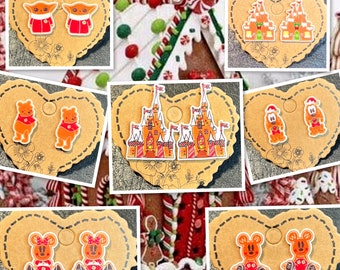 Gingerbread Christmas Earrings - Mickey, Minnie, Pluto, Pooh, Grogu, and Castles