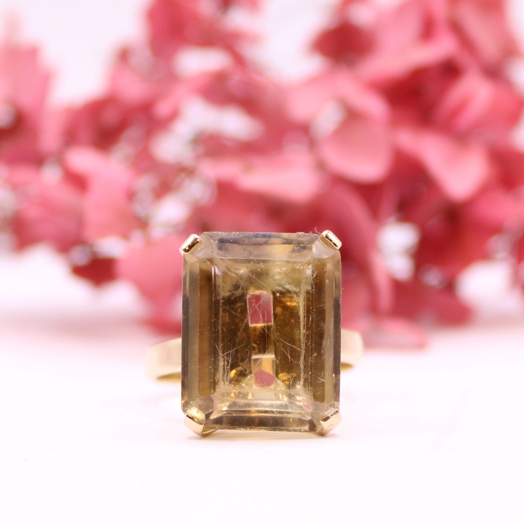 Bague Cocktail Or Rose 18k Citrine 6.65 Carats Style Art Déco - Taille 49 - Vintage Années 1970