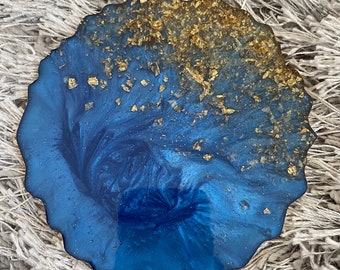 Blue and Gold Agate Style Resin Coaster with Gold Edge