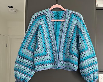 Custom Crochet Cropped Cardigan: Handmade Granny Square Sweater, Choose Colors