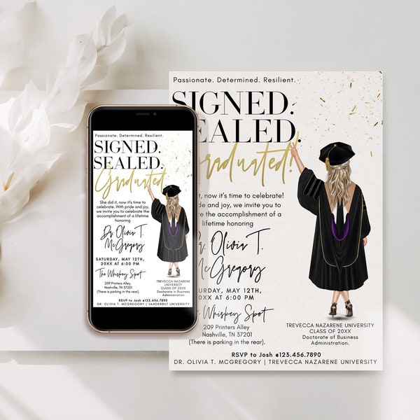 PHD Graduation invitation, Doctorate graduation invitation, PHD woman grad card, graduate degree gift, Phd gift for her | BR98