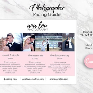 Wedding Photography Pricing Guide Template | A La Carte Menu List For Photographer | Pricing Sheet | Customizable Price List | Client Sheet