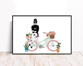 Fashion Wall Art Girl with Flowers on Bike | Girl Riding Bike | Vintage Bike | Girls Room Print | Room Decor | Bike Art | Gifts for Her