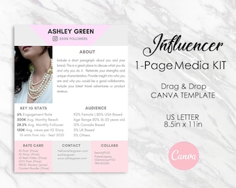 May include: A pink and white media kit template for an influencer with the text "Influencer 1-Page Media Kit" and "Drag & Drop CANVA TEMPLATE". The template includes sections for key Instagram statistics, audience demographics, contact information, and collaborations. The template is designed for a UK A4 size document, 210mm by 297mm.