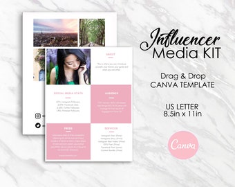 May include: A white A4 Canva template titled "Influencer Media KIT." The design features pink blocks with text and images, including social media stats and services. The template is designed for drag and drop customization. The template measures 21.6cm x 27.9cm.