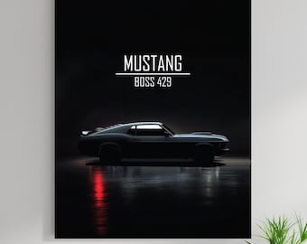 Mustang Boss 429 Canvas Wrapped Poster, Car Dark Themed Poster, Vehicle Night Masculine Art, Gifts For Men, Muscle Car Original Art, USA, EU