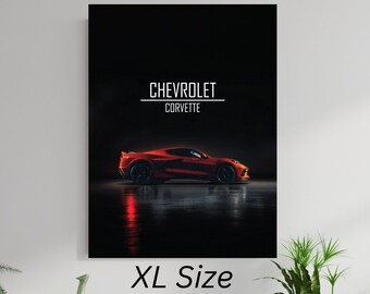 30&quot;x40&quot; Chevrolet Corvette Canvas Wrapped Poster, Car Dark Themed Poster, Vehicle Night Masculine Art, Gifts For Men, Original Art, USA, EU