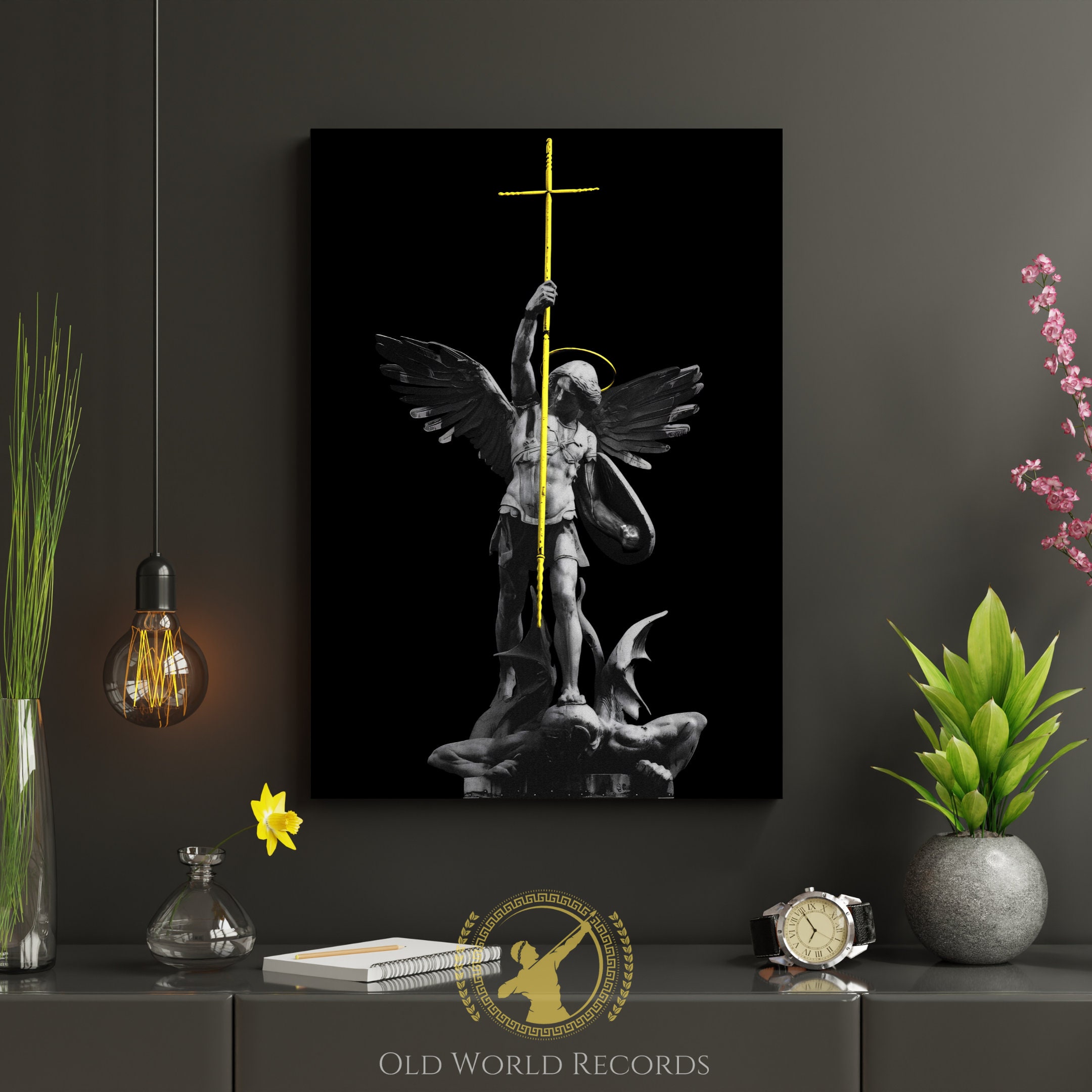Archangel Saint Michael Killing Devil, Black and White, Spiritual Art ...