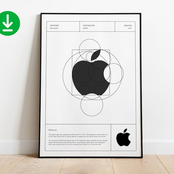 Apple Logo Poster 1977 / White / Black / Minimalist Poster / Print / Wall Art / Graphic Design / Gift for Boyfriend / INSTANT DOWNLOAD