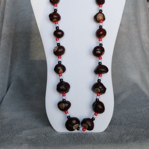 May include: A necklace made of brown buckeye nuts with red, white, and black beads.