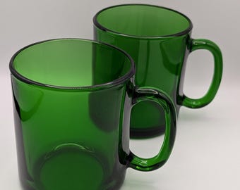 Arcoroc France Emerald Green Glass Mugs - Set of 2