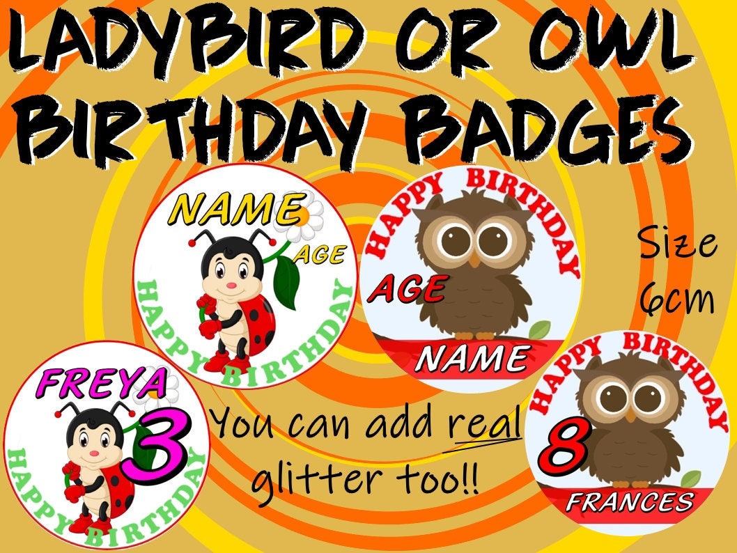 PERSONALISED Ladybird BIRTHDAY BADGE Personalised Owl Birthday Badge Add Real Glitter too!