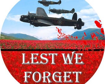 Poppy Pin Remembrance Day Red Poppy We Will Remember LEST WE FORGET Badge Lancaster Bomber & Spitfires