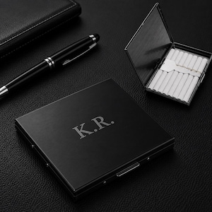 Personalized Slim Stainless Steel Cigarette Case, Custom Engraved Metal Cigarette Holder, Pocket Smoker Gift for Him, Black