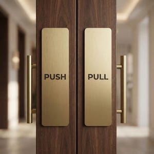 May include: Two vertical rectangular brushed brass door plates mounted on dark wood doors. The left plate features the word PUSH in black lettering, and the right plate features the word PULL in black lettering. Each plate includes a matching handle.