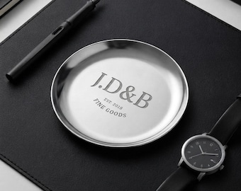 Personalized Silver Trinket Tray, Custom Engraved Round Jewelry Dish, Stainless Steel Ring Holder, Makeup Key Catch All Tray, Decor Gift