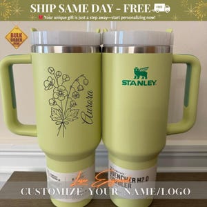 Personalized Stanley 40oz Tumbler, custom engraved for birthdays, bridesmaids gifts, bachelorette parties, or groomsman gifts. This insulated drink bottle keeps beverages hot or cold for hours and includes a handle and straw for convenience. A perfect gift for him, her, or wedding party members, combining style and function. Ideal for celebrations, special occasions, or daily use, offering a unique and thoughtful personalized touch for any recipient