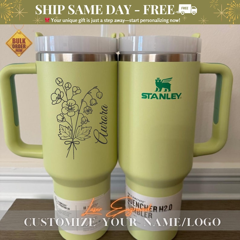 Personalized Stanley 40oz Tumbler, custom engraved for birthdays, bridesmaids gifts, bachelorette parties, or groomsman gifts. This insulated drink bottle keeps beverages hot or cold for hours and includes a handle and straw for convenience. A perfect gift for him, her, or wedding party members, combining style and function. Ideal for celebrations, special occasions, or daily use, offering a unique and thoughtful personalized touch for any recipient