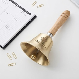 Personalized Hand Bell Custom Engraved Brass Wood Handle Graduation Retirement Holiday Gift for Him Her Mom Dad Teacher Classroom Decor