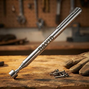 May include: A silver-colored telescopic magnetic pickup tool with a pocket clip. The cylindrical metal body features the name DAVID engraved in capital letters. The tool has a circular magnetic head at the tip and a smooth, polished finish.