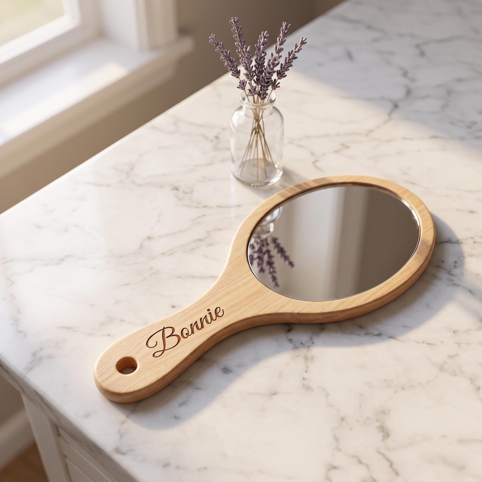 Personalized Wooden Hand Mirror Custom Engraved Handheld Vanity Gift for Her Mom Bridesmaid Women Wedding Birthday Bridal Beauty