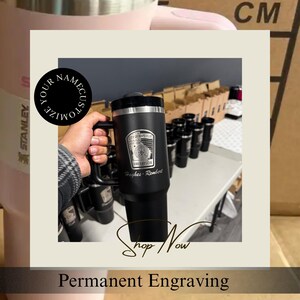 Personalized Stanley 40oz tumbler with engraved birth month flower and custom name. A unique floral birthday gift, perfect for everyday use and special occasions.