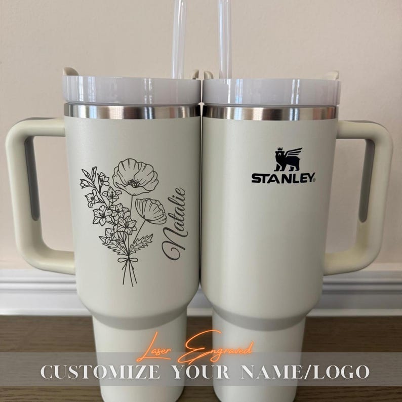 Personalized Stanley 40oz tumbler with engraved birth month flower and custom name. A unique floral birthday gift, perfect for everyday use and special occasions.