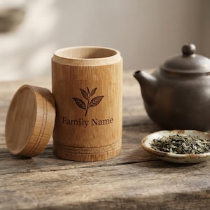 Personalized Bamboo Tea Canister with Lid, Custom Engraved Tea Coffee Storage Jar, Loose Leaf Tea Container, Kitchen Gift for Her Him