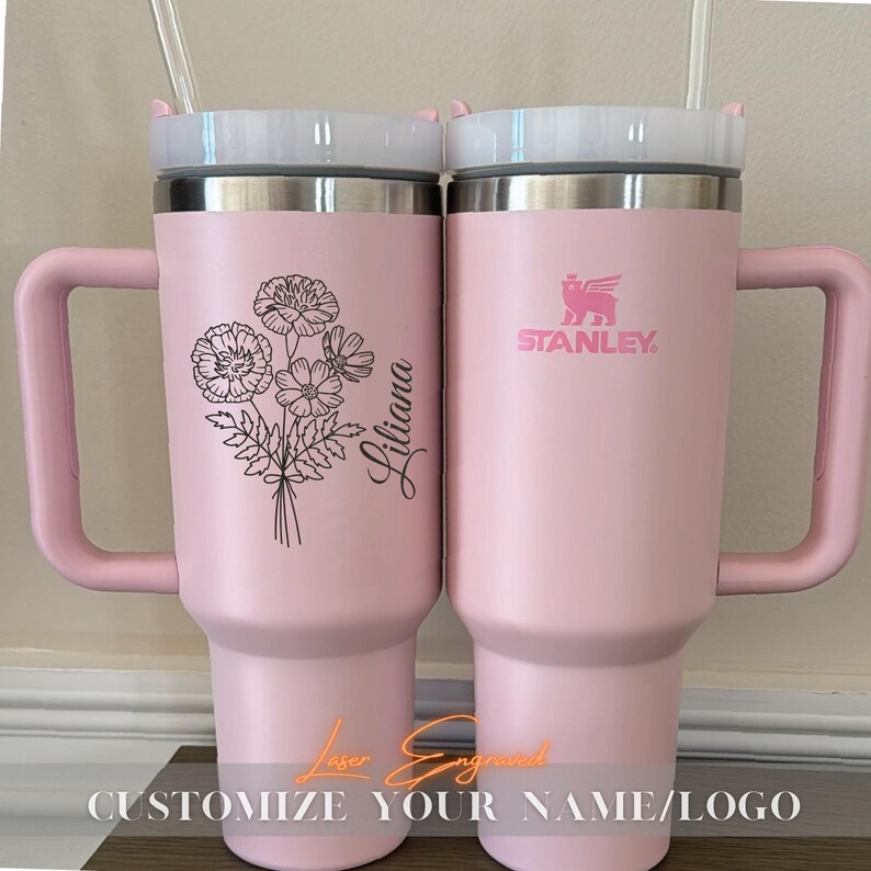 Personalized Stanley 40oz tumbler with engraved birth month flower and custom name. A unique floral birthday gift, perfect for everyday use and special occasions.