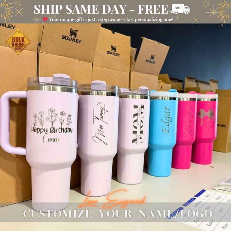 Personalized Stanley 40oz tumbler with engraved birth month flower and custom name. A unique floral birthday gift, perfect for everyday use and special occasions.