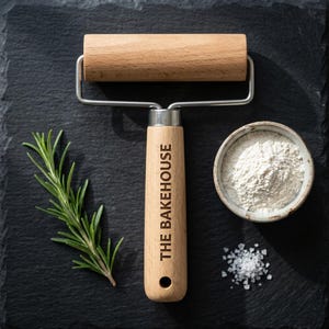 May include: A wooden dough roller with a metal frame and a handle engraved with the text THE BAKEHOUSE. The roller is positioned next to a small ceramic bowl filled with white flour, a sprig of green rosemary, and a small pile of coarse salt.