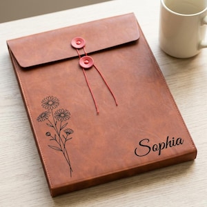 Personalized Leather Document Portfolio, Engraved Wildflower Padfolio with String Closure, Graduation Gift for Her, Custom Gift for Coworker