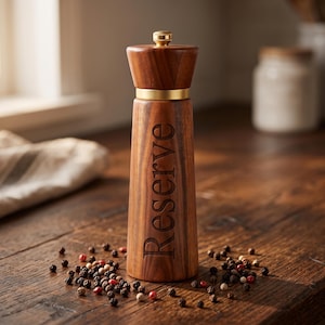 May include: A tall, cylindrical wooden pepper mill with a rich brown grain, featuring a gold-toned metal band and a matching gold-toned knob on top. The word "reserve" is engraved vertically in a serif font on the front of the wooden body.