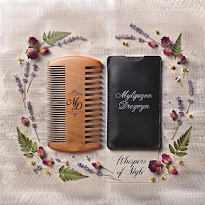 Personalized Peach Wood Beard Comb, Custom Engraved Dual Sided Mustache Comb with Leather Case, Grooming Gift for Him, Father's Day Gift