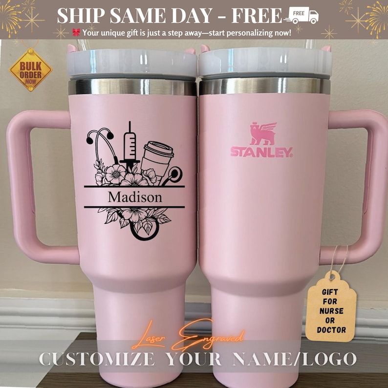 Close-up of a personalized 40oz powder-coated tumbler with a handle and straw. The laser engraving features a custom name in elegant script, a heart-shaped stethoscope design, and motivational nurse affirmations. The tumbler is shown in a professional setting, highlighting its durable finish and large capacity. Perfect gift for nurses and medical staff
