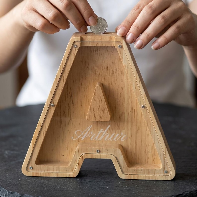 Hand Script Letters Personalized Wooden Piggy Bank, Custom Letter Name Coin Bank, Christmas ...