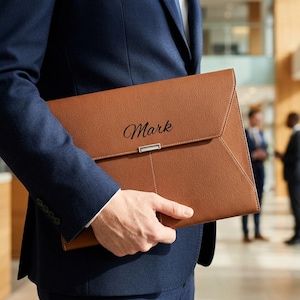 May include: A tan leather document portfolio featuring a textured surface, a silver-toned metal clasp, and the name Mark embossed in black script on the front flap. The portfolio is held horizontally against a dark blue suit jacket sleeve.